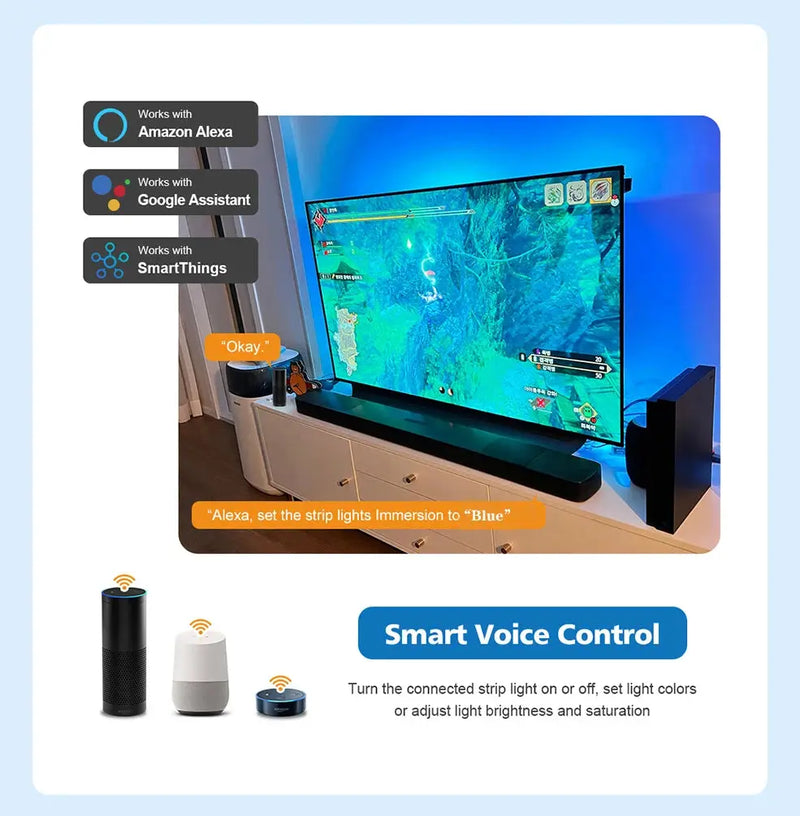 Éclairage LED Ambiant Intelligent pour TV avec Synchronisation HDMI 2.0 - Kit de Bandes Lumineuses Wi-Fi Contrôlées par Alexa et Google Assistant Gadget Gourou