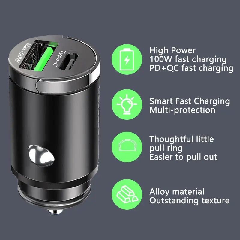 Chargeur de voiture allume-cigare 100W Mini - Recharge Rapide pour iPhone QC3.0 Mini PD USB Type C - Xiaomi Samsung Huawei Gadget Gourou