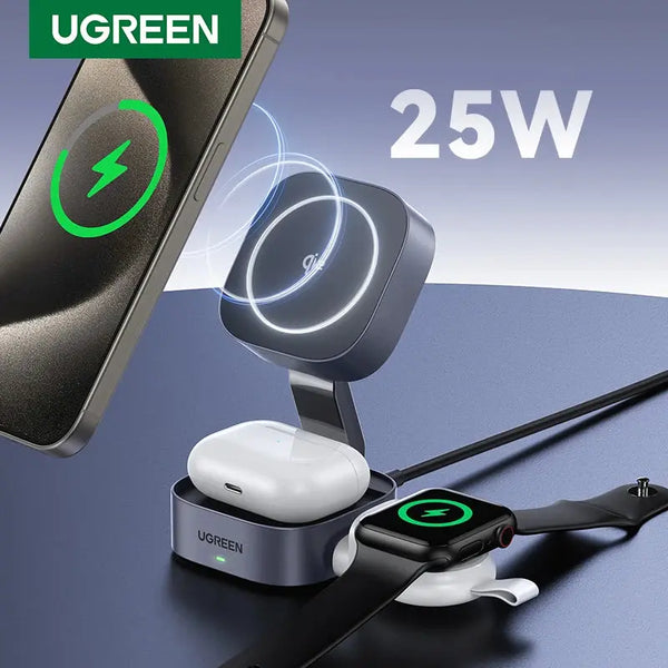 Support de Chargeur Magnétique Sans Fil UGREEN 2-en-1 pour iPhone 15/14 Pro Max et AirPods - Charge Rapide 25W Gadget Gourou